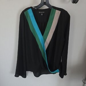 Colorblock V-Neck Blouse - Black, Green, Blue, Tan